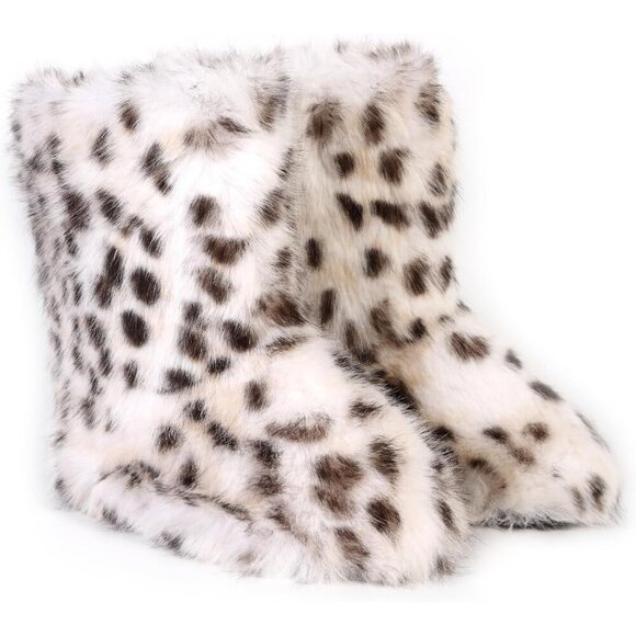 Womens Winter Snow Boots Knee High Faux Fur Lined Flat White & Brown Warm Shoe
